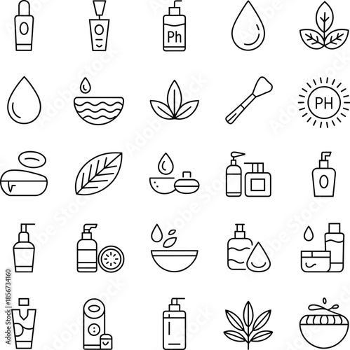 Black line of skincare products and leaves on white