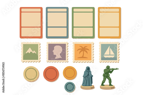 Game board elements with colorful cards and figurines