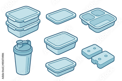 Collection of isometric food containers and a shaker bottle