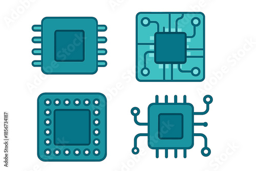 Four stylized computer chips on a dark blue background