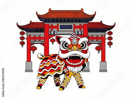A vibrant Flat Design Ilustration Vector of a colorful lion dance in front of a traditional Chinese gate with a bold and festive atmosphere.