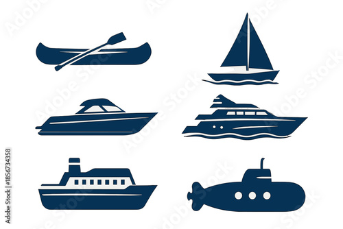 Collection of six navy blue boat icons with glowing outlines on a black background