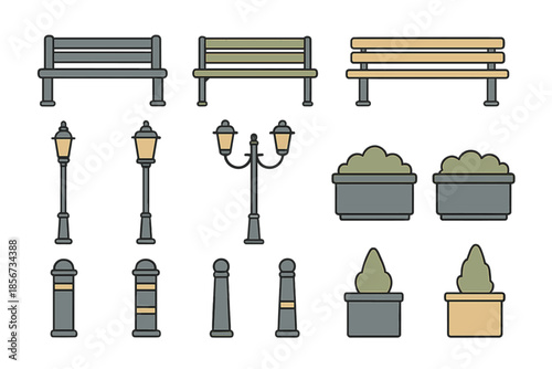 Collection of park elements in a flat vector style