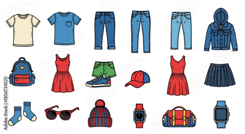 Flat Vector Illustration Set of Casual Clothing and Fashion Accessories Icons Including Shirts, Jeans, Dresses, Backpack, and Smartwatch