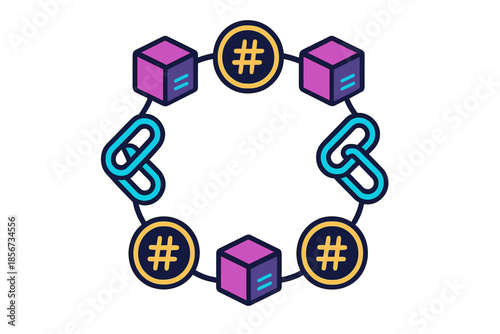 Blockchain network with linked blocks and hash symbols