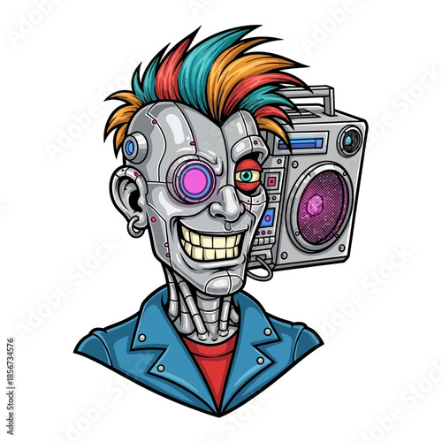 Cyberpunk Cyborg Character with Boombox Vector Illustration, Futuristic Punk Robot with Mohawk and Retro Radio for Music and Streetwear Design