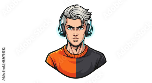 Professional Gamer Man with Headphones Portrait, Young Male Streamer Avatar for Esport Logo, YouTube Channel and Gaming Profile