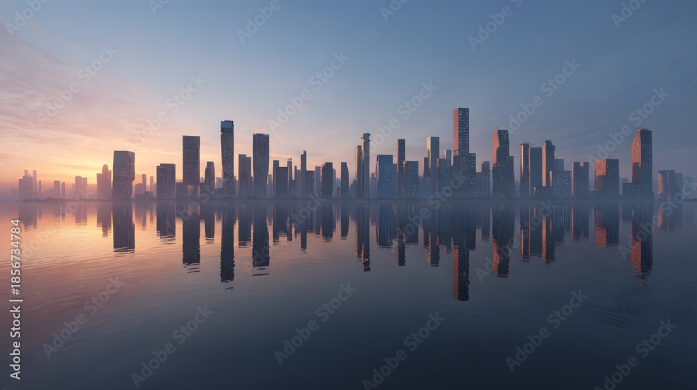 Fototapeta premium Vibrant City Skyline Reflecting on Calm Water During Golden Sunrise