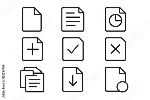 Set of nine document icons on a grey background