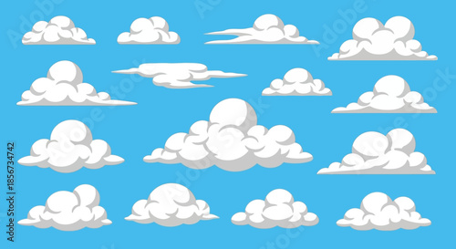 Flat Design Cloud Vector Icon Set - White Fluffy Clouds Collection on Blue Sky Background for Weather and Nature Concepts