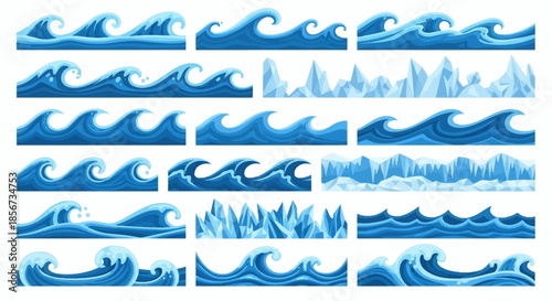 Blue Ocean Waves and Arctic Iceberg Seamless Borders Set - Vector Water Ripples, Sea Surfing, and Glacial Ice Patterns for Design