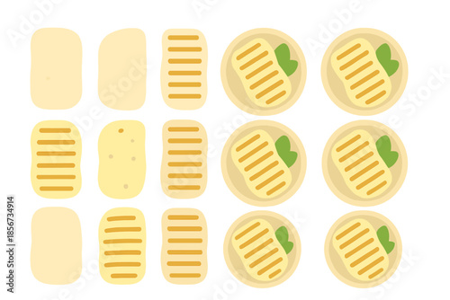 Grilled food in plates and flatbread ingredients arranged in rows