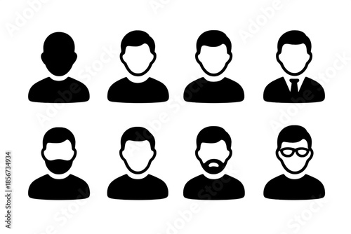 Set of eight diverse male silhouette avatar icons on dark background