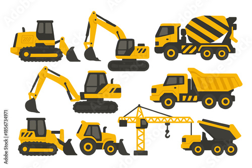 Collection of Yellow Construction Vehicles on Dark Background