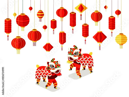 Flat design illustration vector of two lion dance figurines with colorful lanterns hanging above on a white background.