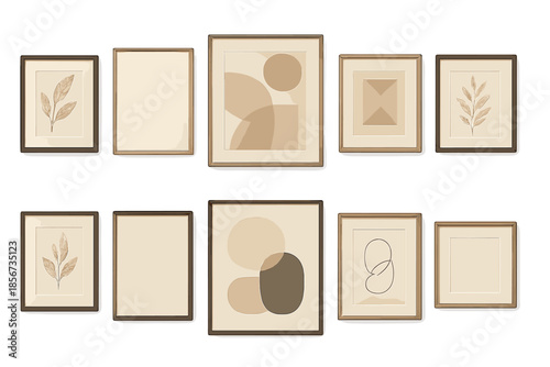Collection of minimalist framed artwork on a warm brown wall