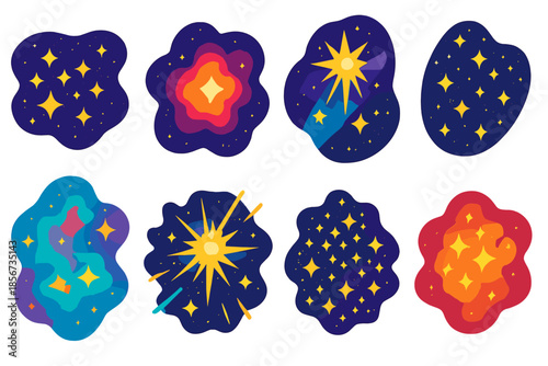Cosmic bursts and starry backgrounds in a vibrant, abstract style