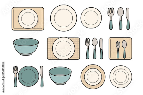Collection of modern tableware and cutlery.