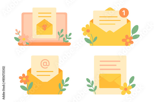 Email and communication icons with floral elements