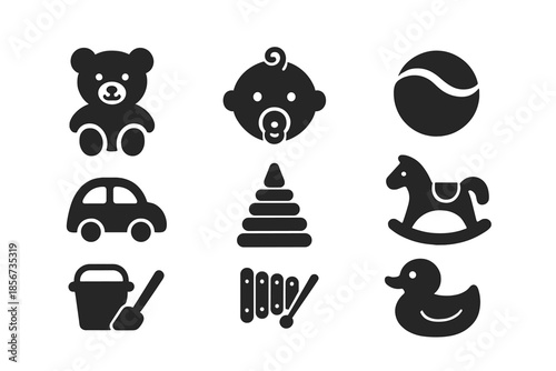 Set of nine baby and toddler toy icons on a dark background