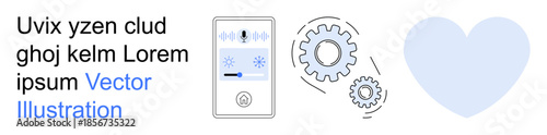 Technology, communication, connection, user interface, innovation, mechanics. A digital control panel with a microphone icon, gears and a heart. Technology and communication concept