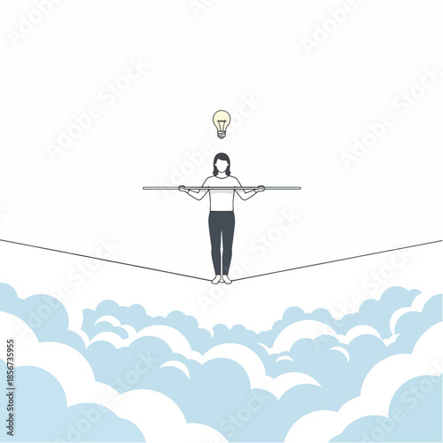 Businesswoman Balancing on Tightrope Over Clouds for Risk Management and Focus mental health balance concept