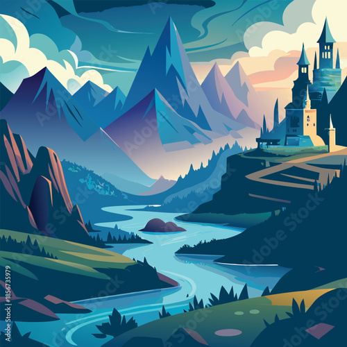 Fogy mountains and a wide river line art vector art illustration 2