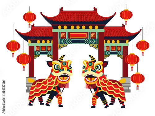 Flat design illustration vector of a traditional Chinese gate with lion dance performers and lanterns on a white background.
