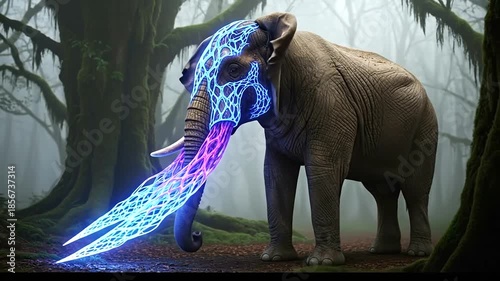 Mystical Elephant with Glowing Tusks in Enchanted Forest.
