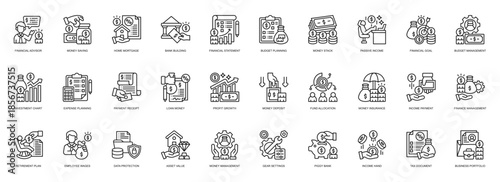 Financial Advisor icon collection line style. containing Personal Finance, Financial Advisor, Money Saving, Home Mortgage, Bank Building, Financial Statement, Budget Planning