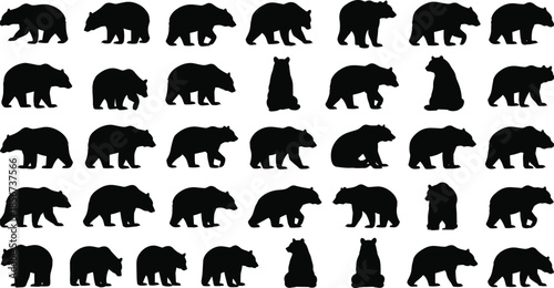 Black Bear Silhouette Collection, Wild Animal Vector Set, Walking Sitting and Standing Bear Shapes, Nature Wildlife Graphic Design Elements, Forest