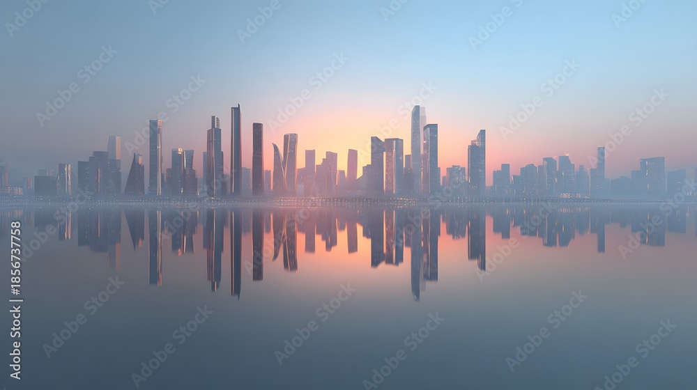 Fototapeta premium Vibrant City Skyline Reflecting on Calm Water During Golden Sunrise