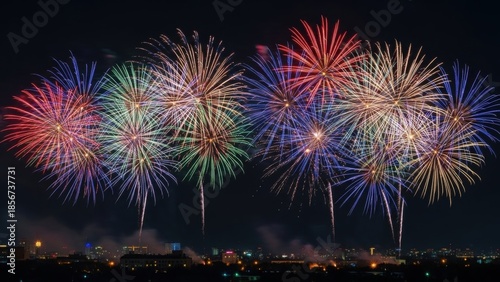 Festive New Year 2026 background with realistic fireworks exploding over night sky, vibrant colors, cinematic lighting, wide composition with text space
