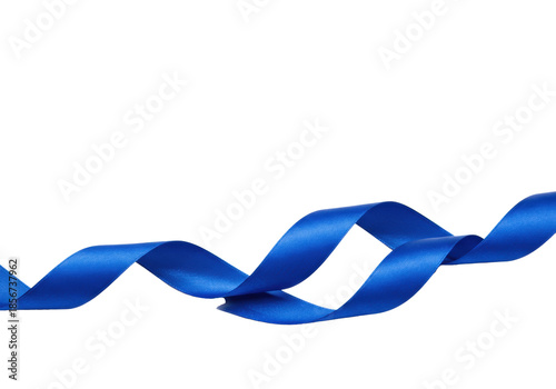 An elegant royal blue satin ribbon with a lustrous texture gracefully curves and folds on a transparent, uniformly lit background with generous negative space, concept of elegant luxury celebration