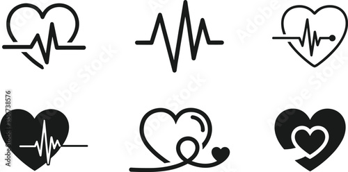 Variety of heart and pulse waveform symbols representing cardiology and wellness