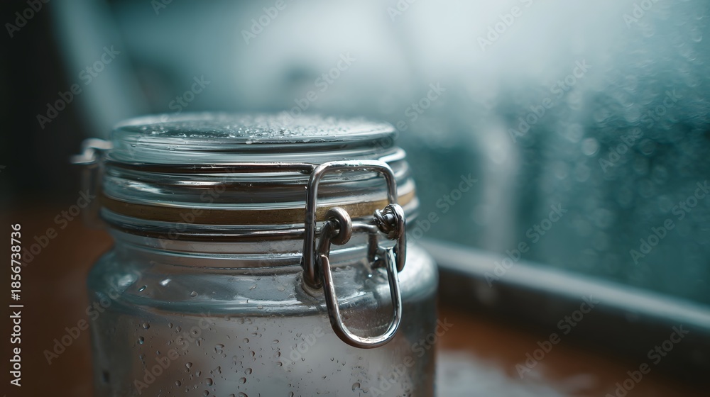 Obraz premium A glass jar with a metal clasp and seal is covered in water droplets against a blurred misty background