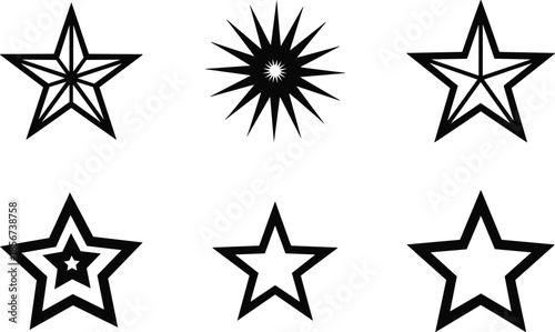 Variety of black and white star shapes and starburst designs in a decorative collection