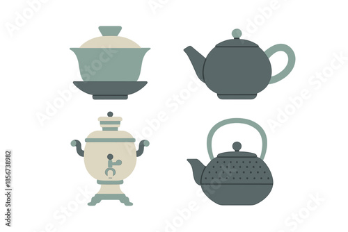 Four tea-related vessels on a gradient background