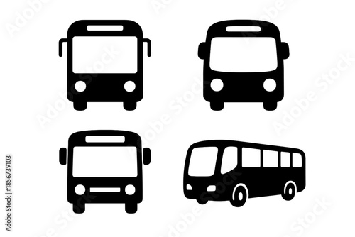 Four dark, blurry silhouettes of buses on a gradient background