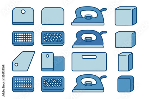 Collection of abstract blue household objects icons on a gradient background