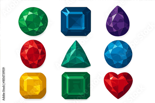 Assortment of colorful faceted gemstones arranged in a grid