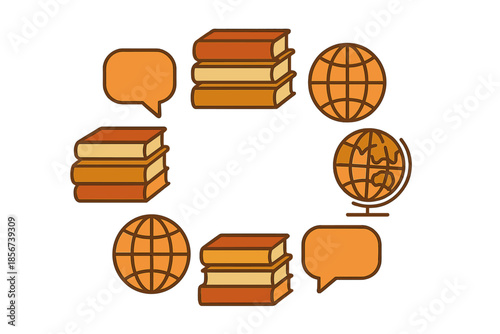 Education and knowledge concept with books, globes, and speech bubbles
