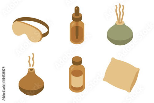 Isometric illustration of sleep aids and aromatherapy items