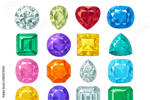 Assortment of colorful faceted gemstones glowing against a gradient background