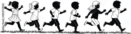Children running outdoors in silhouette style, diverse outfits and hairstyles, playful energy, grassy field, group activity, childhood fun, physical movement, social interaction