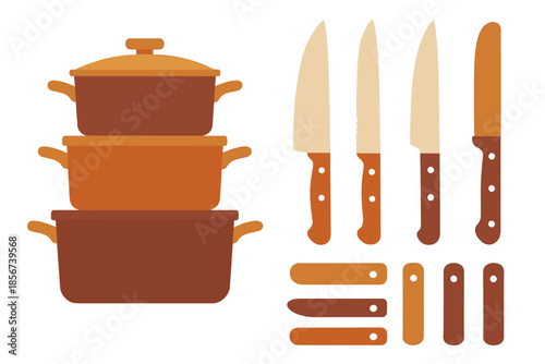 Collection of cooking pots and knives against a warm gradient background
