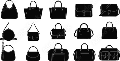 A collection of elegant handbag silhouettes in black, showcasing diverse styles for fashion, retail, and design projects, perfect for vector illustration.