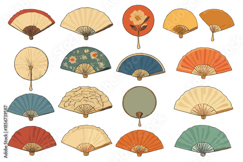Collection of Hand-Painted Japanese Fans on a Textured Background