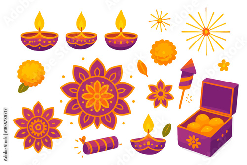 Diwali decorative elements with oil lamps and fireworks