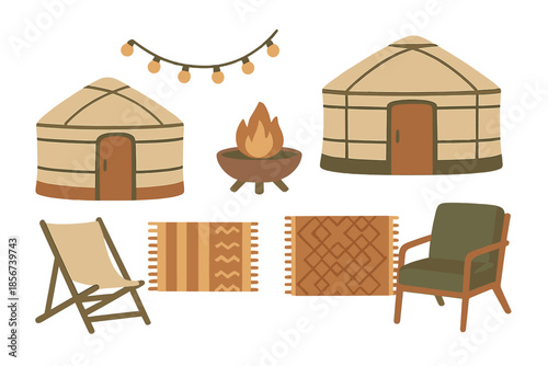 Cozy campsite with yurts and a campfire